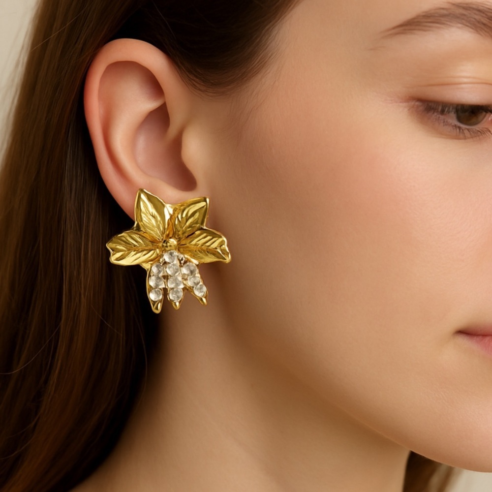New! Women’s Gold Color Plated Floral Pearl Earrings